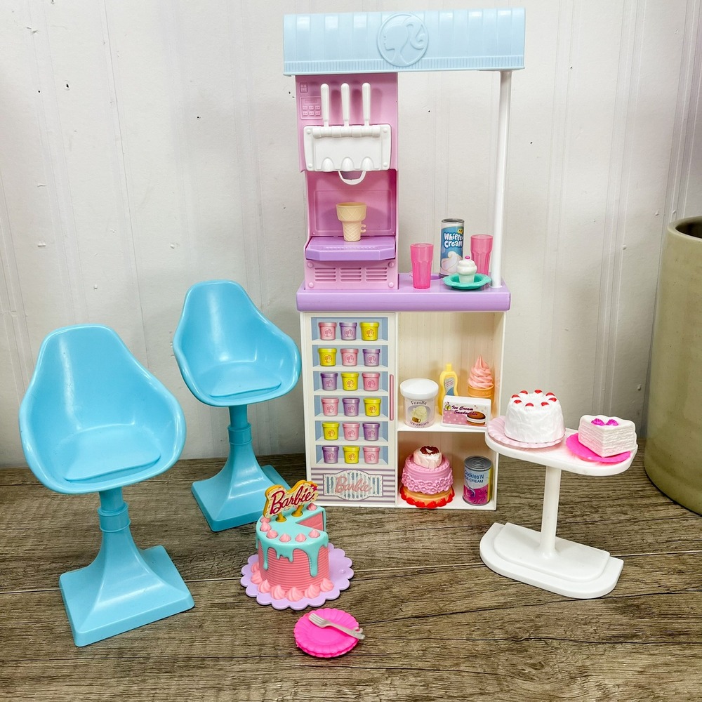 Barbie Sweet Shop Playset Ice Cream Counter Chairs Cake Accessories Lot